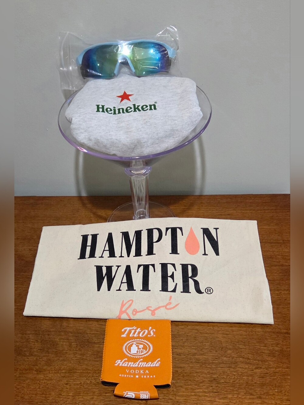 Large Heineken T Shirt, Hampton Water Rose Bag, Tito's KOOZIE, Coors Sunglasses